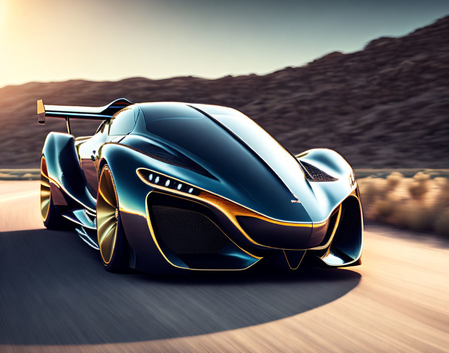 Blue futuristic sports car with rear spoiler speeding on desert road at sunset