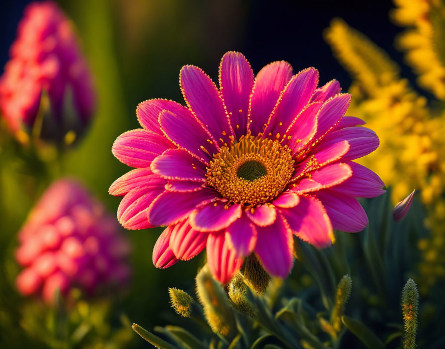 Pink Gerbera Daisy in Full Bloom with Golden Center and Lush Greenery