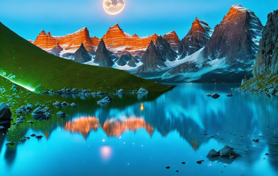 Mountain lake scene with full moon, stars, and greenery