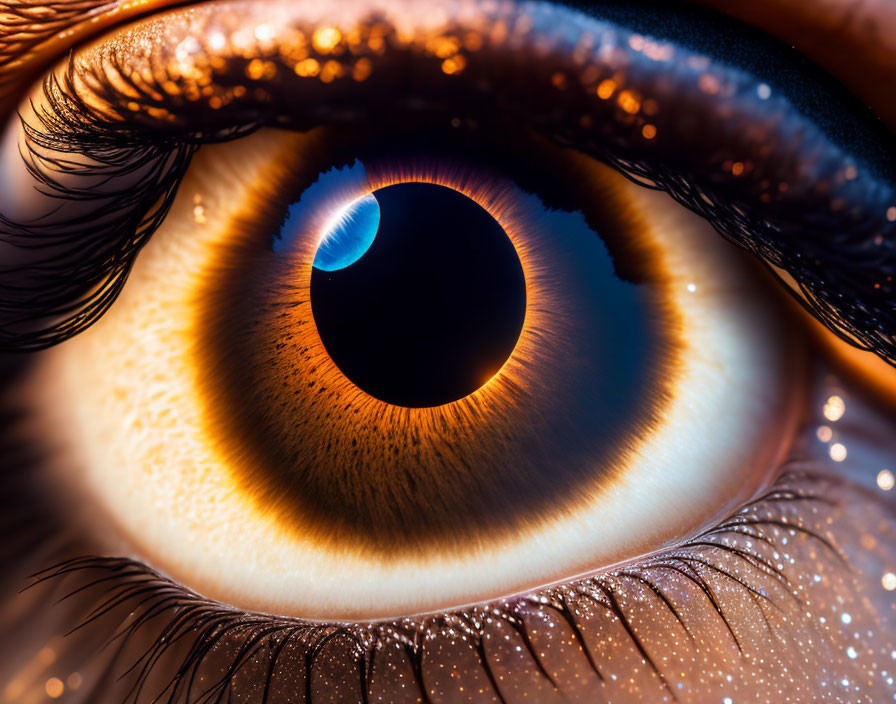 Detailed Close-Up of Dilated Pupil and Colorful Iris with Long Eyelashes