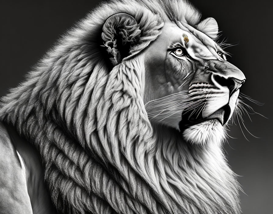Majestic black and white lion portrait with thick mane and contemplative expression