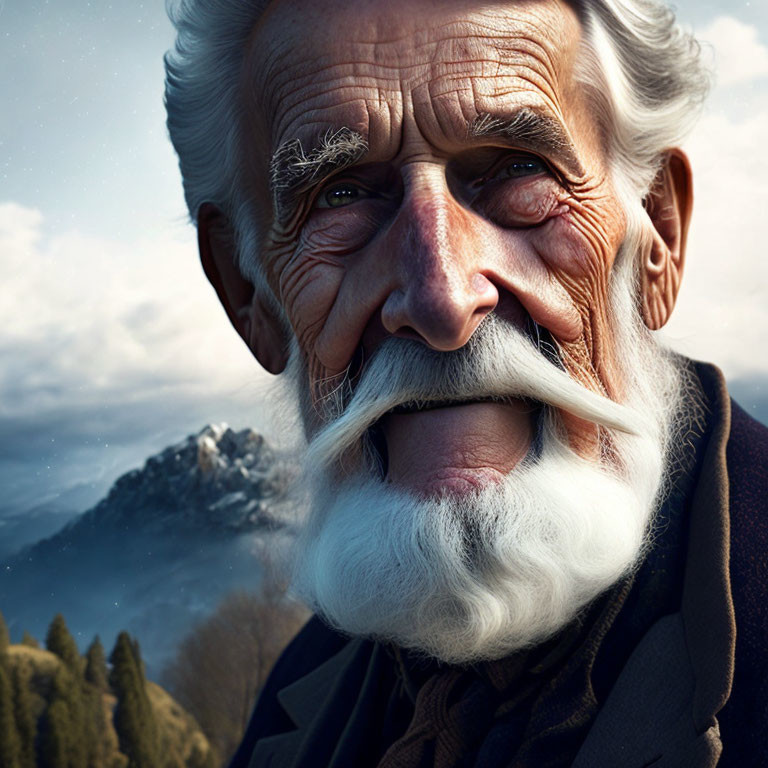 Elderly man with white mustache and beard, deep wrinkles, thoughtful expression, mountainous background