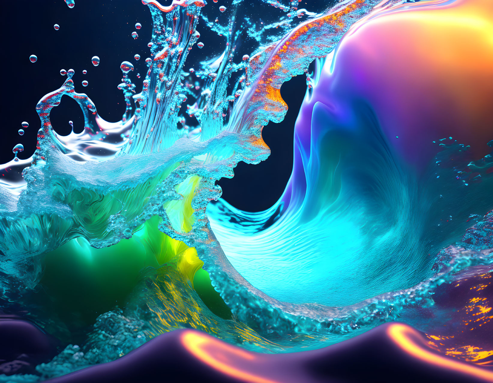 Colorful Abstract Wave with Water Splashes on Dark Background