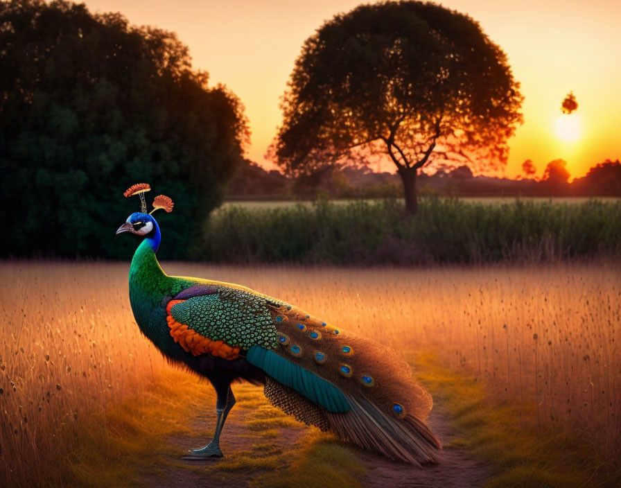 Colorful peacock on dirt path in tranquil field at sunset