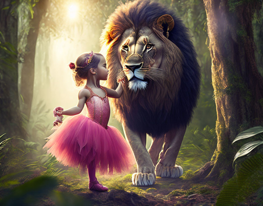 Young ballerina in pink tutu with majestic lion in sunlit forest