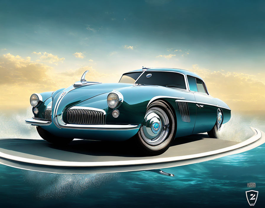 Vintage Teal Car with Chrome Details on Curved White Road by Ocean