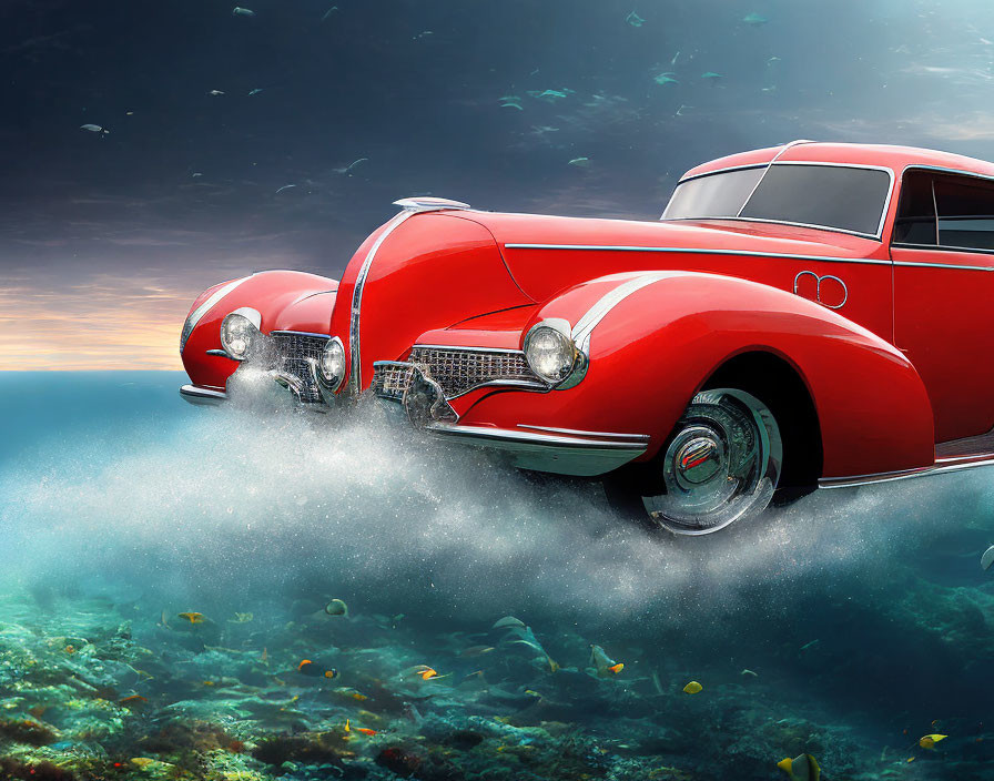 Vintage Red Car Submerged Underwater with Fish