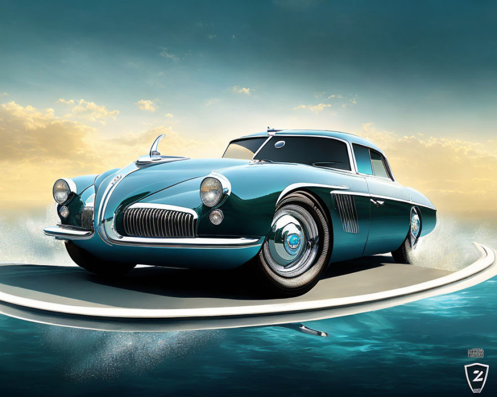 Vintage Teal Car with Chrome Details on Curved White Road by Ocean