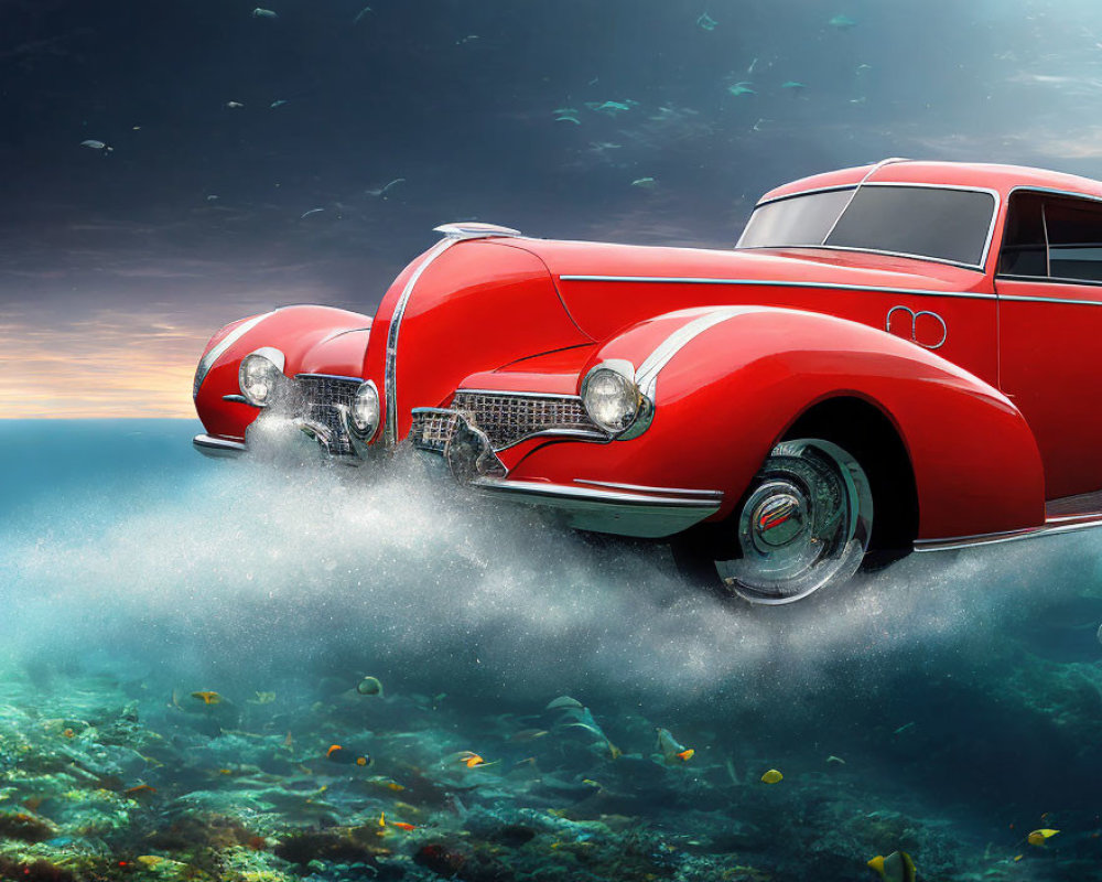 Vintage Red Car Submerged Underwater with Fish