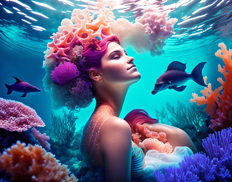 Tranquil woman in vibrant coral reef with magical lighting