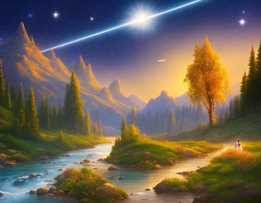 Vibrant dusk landscape with river, walking figures, lush trees, glowing flowers, shooting stars