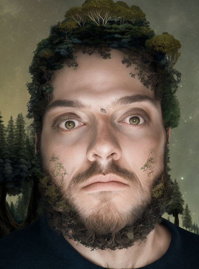 Bearded man with surreal forest head under starry night sky