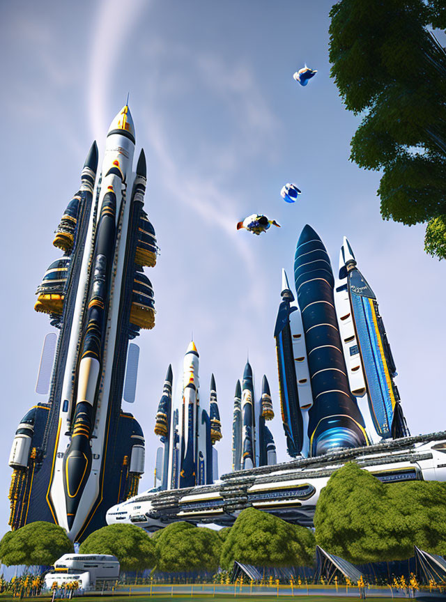 Futuristic cityscape with sleek skyscrapers, rockets, greenery, and flying vehicles