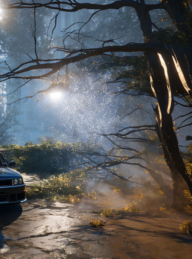 Misty forest scene with classic car and sunlight rays