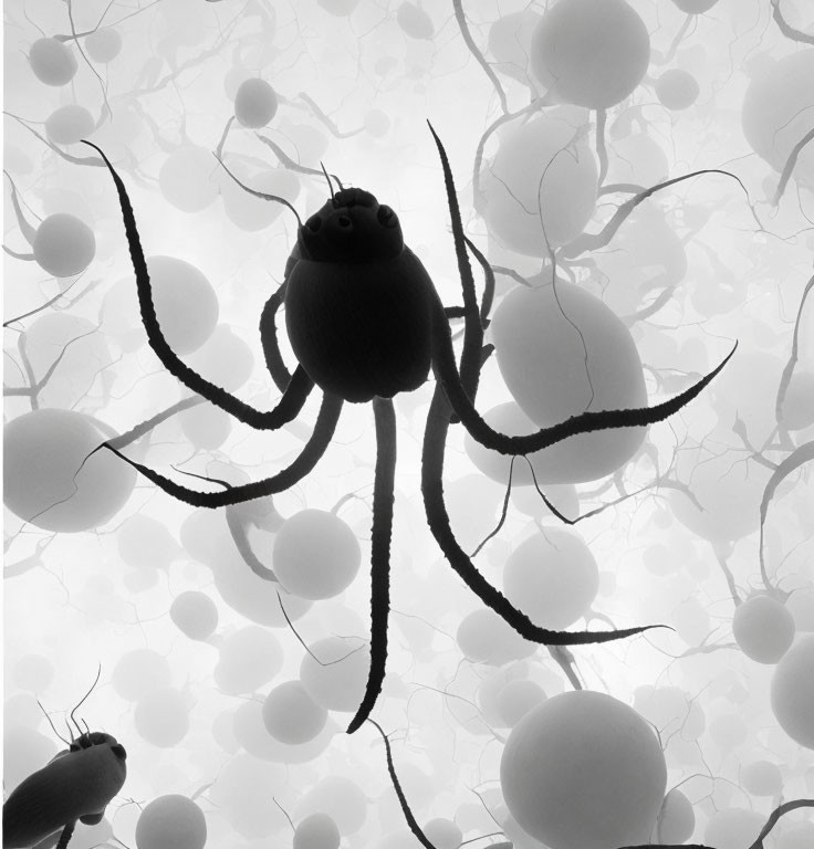 Monochrome spider silhouette with white orbs and light play