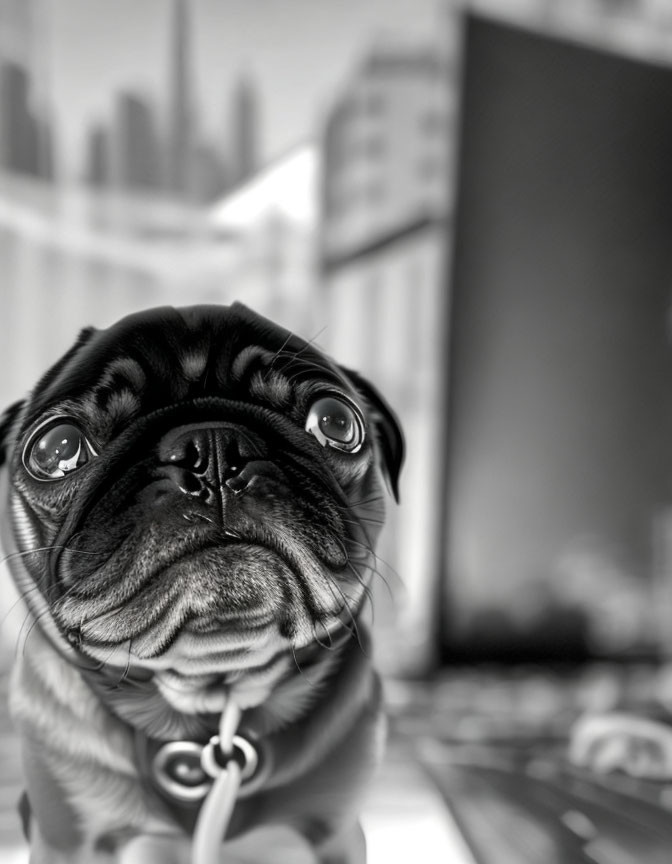 Monochrome photo of pug with expressive eyes and cityscape backdrop