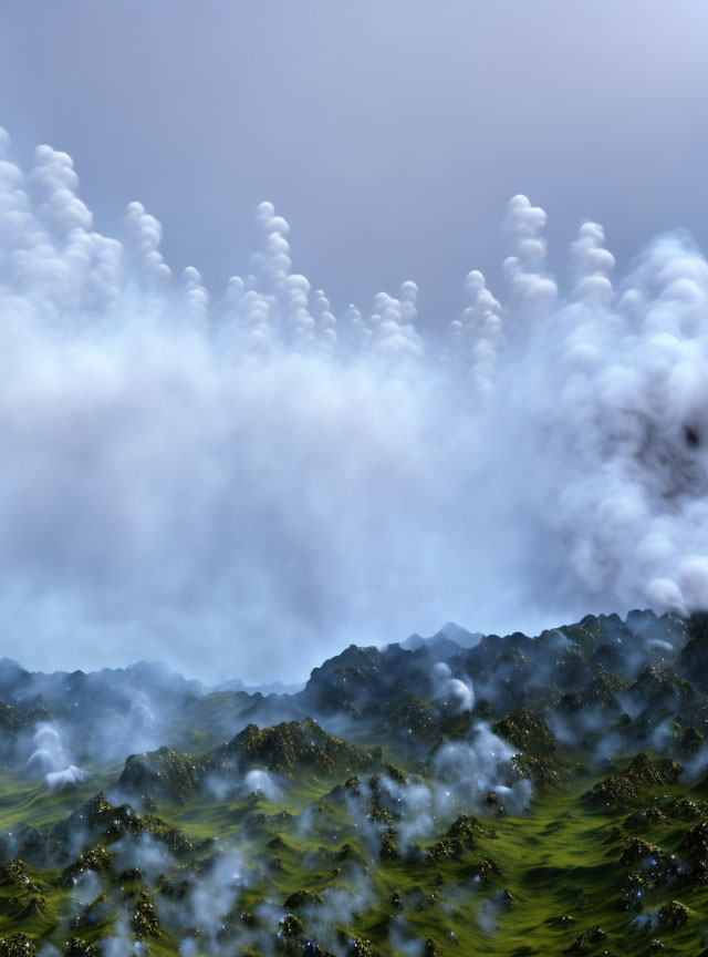 Rolling green hills with mist and unique cloud formation in surreal landscape