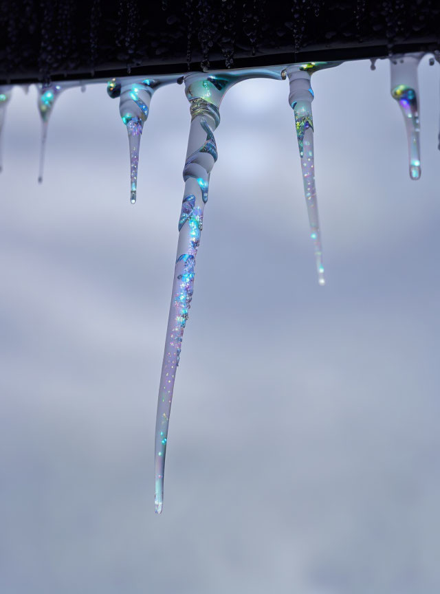 Colorful Glittery Icicles Reflecting on Cloudy Sky