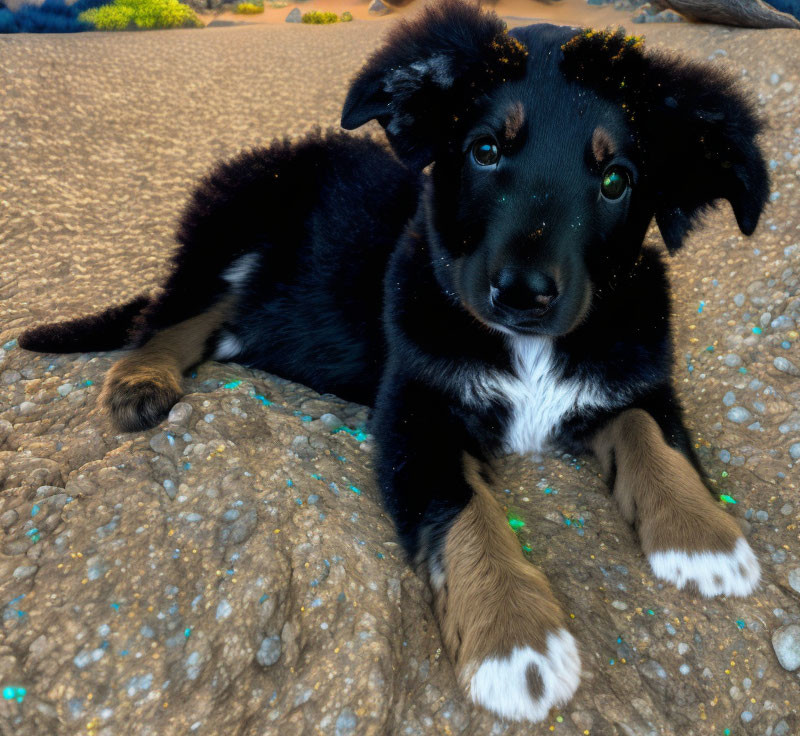 Young black puppy with tan and white markings on textured surface