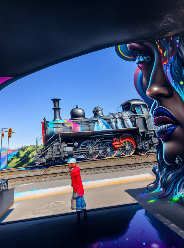 Vibrant mural of a woman's face next to a steam locomotive under blue sky