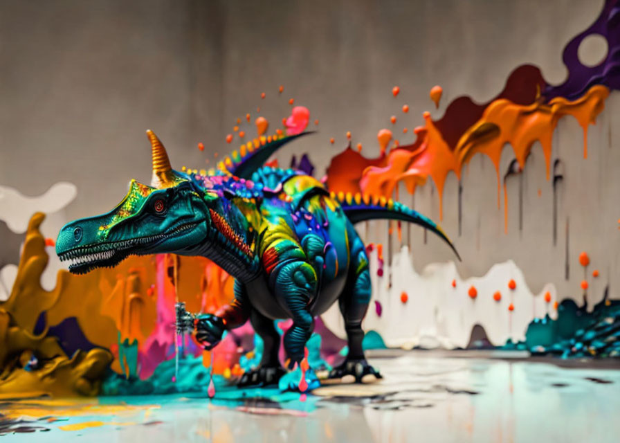 Vibrant Toy Dinosaur in Colorful Paint Splatter Display