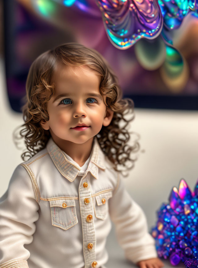 Curly-Haired Child in Light Jacket Surrounded by Colorful Shapes