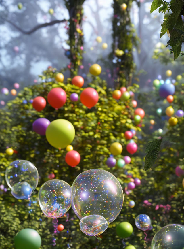 Colorful Balloons and Bubbles in Misty Forest Setting