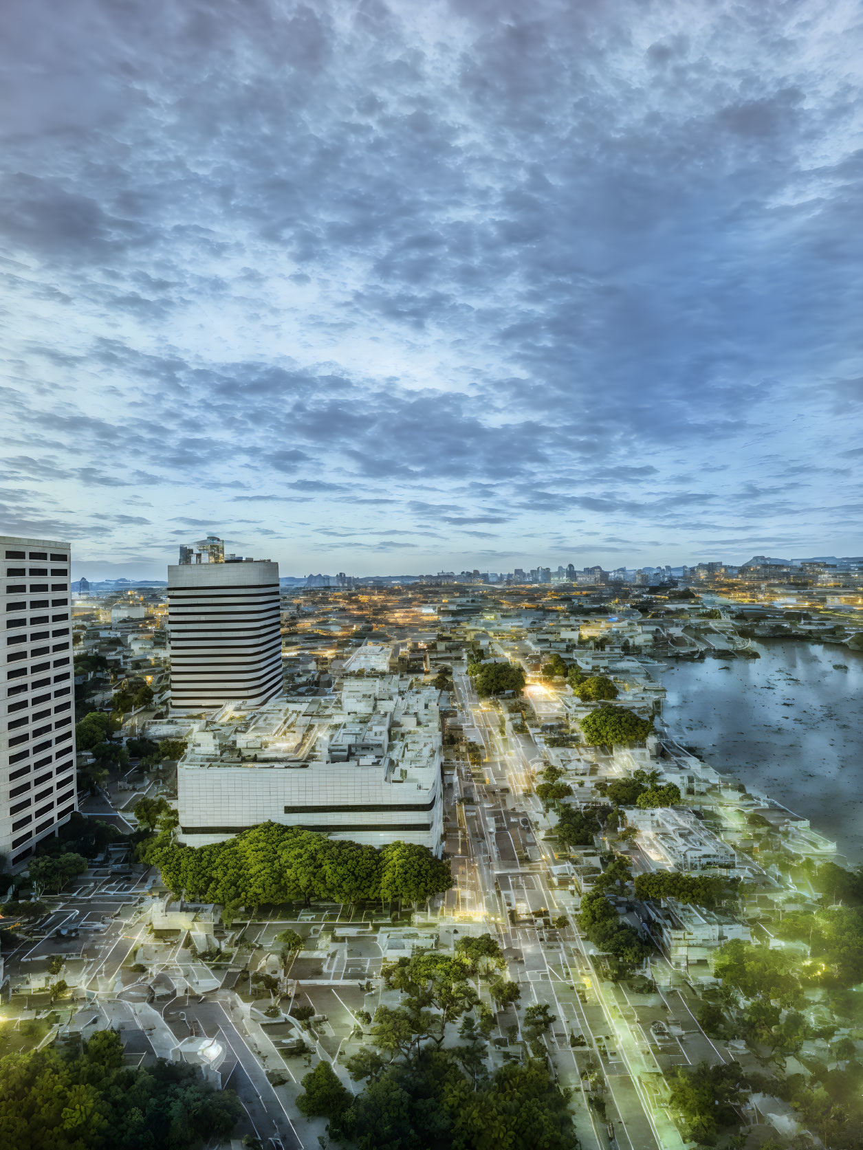 Twilight vertical cityscape with high-rise buildings and illuminated streets