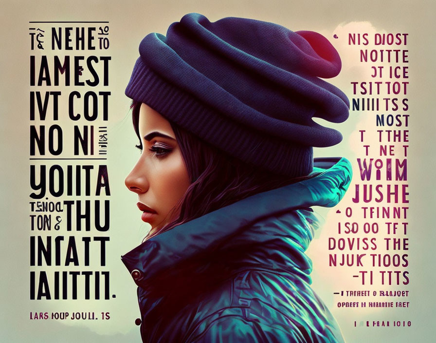 Vibrant digital artwork: Woman in hat and jacket with stylized text.