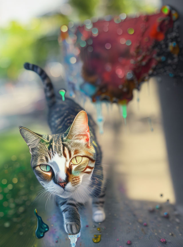 Tabby Cat Walking with Colorful Paint Drips Background