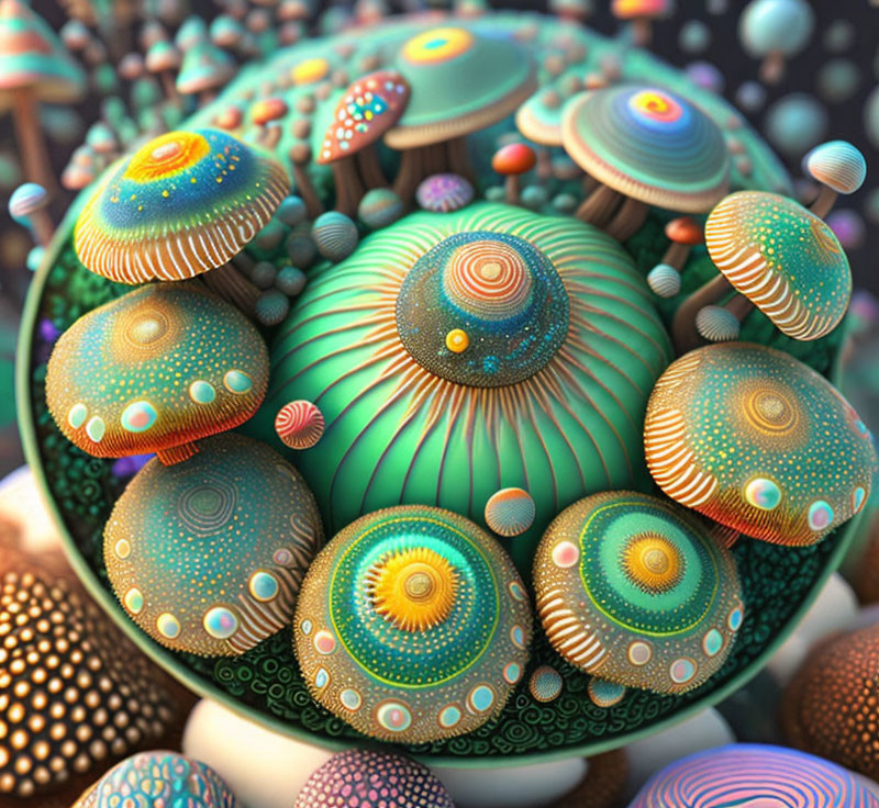 Vibrant surreal landscape with patterned spherical shapes