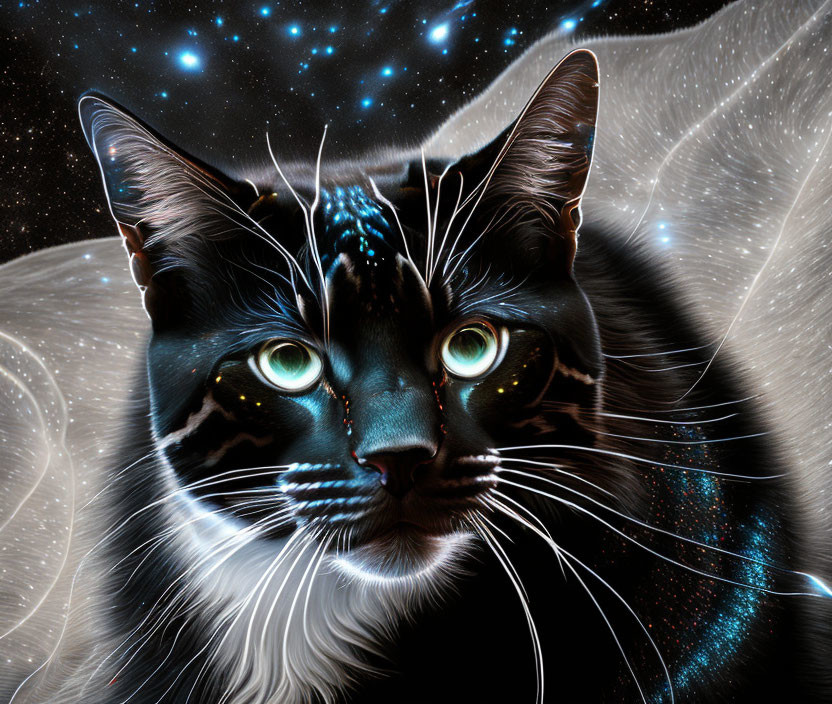 Monochrome Cat with Cosmic Pattern in Starry Space