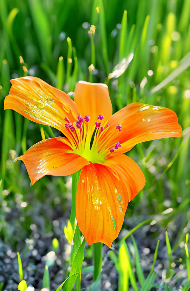 Vibrant orange lily with water droplets on petals in green grass setting