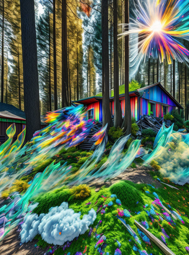 Vibrant surreal landscape with neon cabins and twisted light streaks