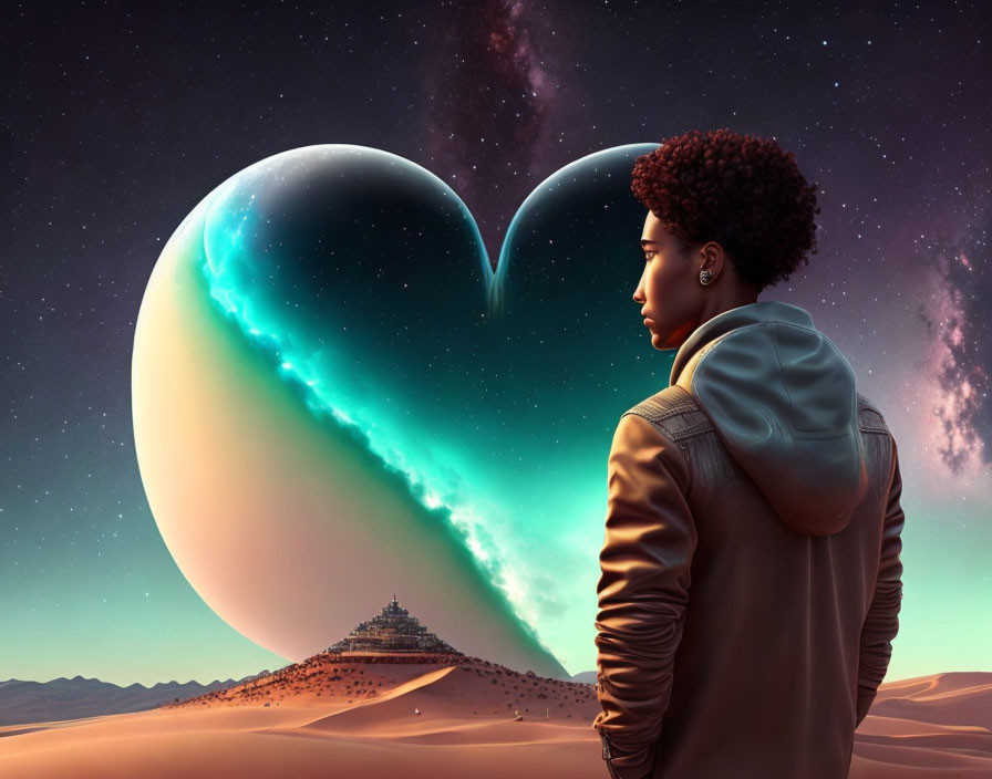 Surreal heart-shaped planet with glowing crevice in desert landscape