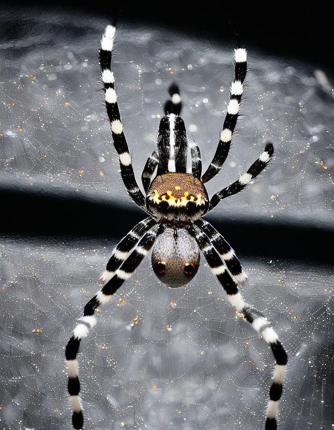 Detailed close-up of a spider with banded legs on a reflective, patterned abdomen.