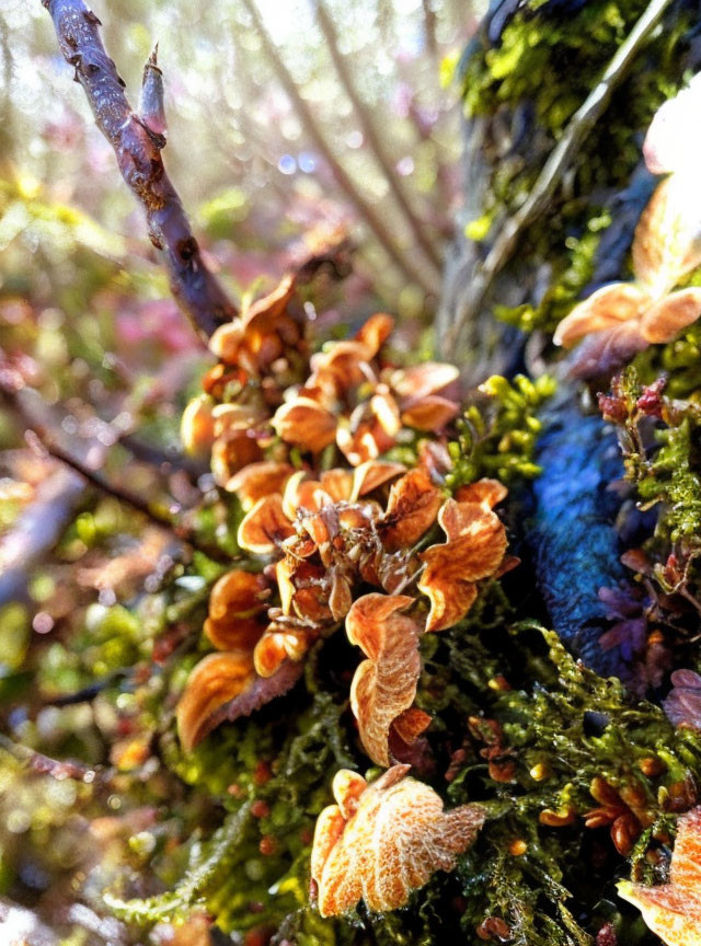 Detailed View of Moss-Covered Branch with Dried Leaves and Sunlight Filtered Through