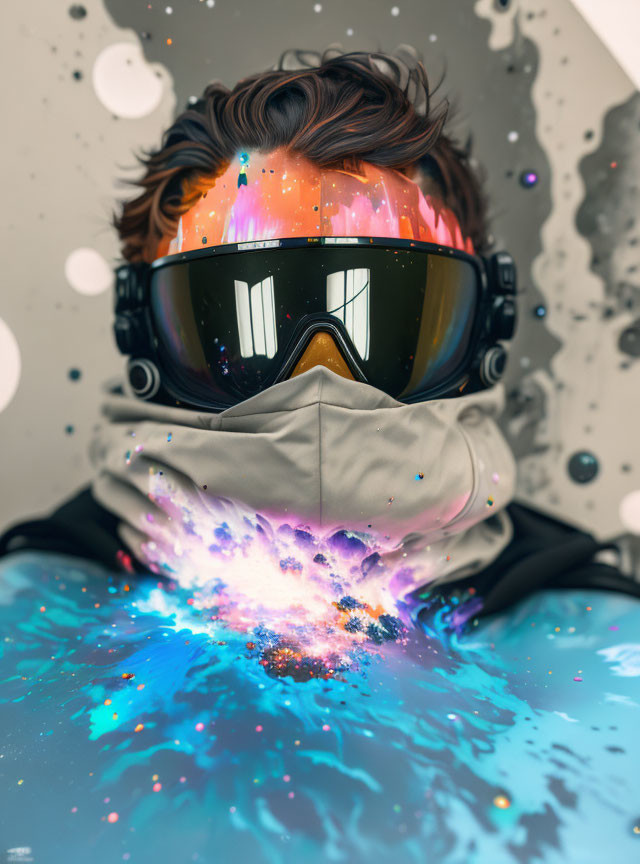 Skier in Goggles Reflecting Cosmic Explosion