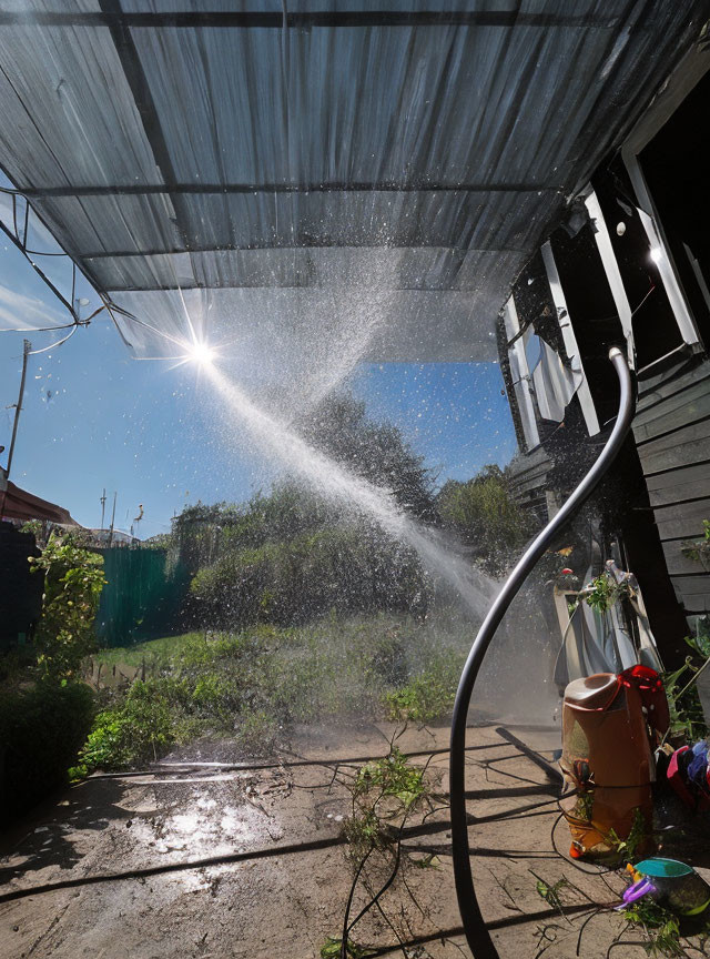 Sunshine casting rainbow on garden tools under corrugated roof