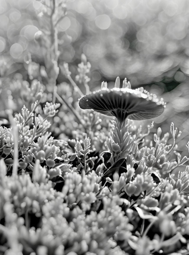 Monochrome photo of mushroom texture in plant setting