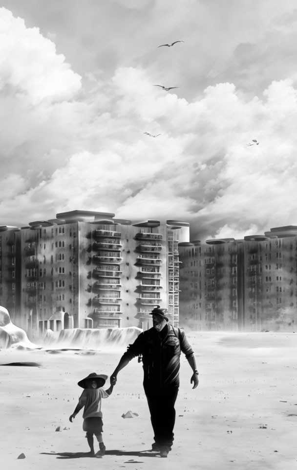 Adult and child walk in desolate urban landscape with dilapidated buildings and birds under cloudy sky