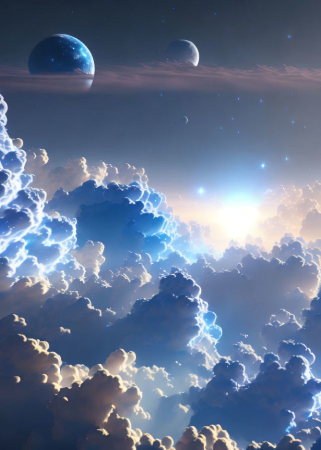 Ethereal space scene with illuminated clouds and distant planets