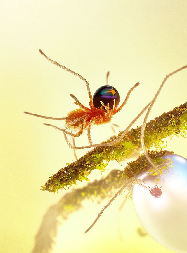 Orange spider with spindly legs on mossy twig against yellow backdrop