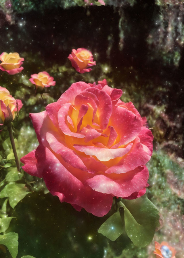 Vibrant Pink and Yellow Rose Surrounded by Smaller Blooms on Starry Background