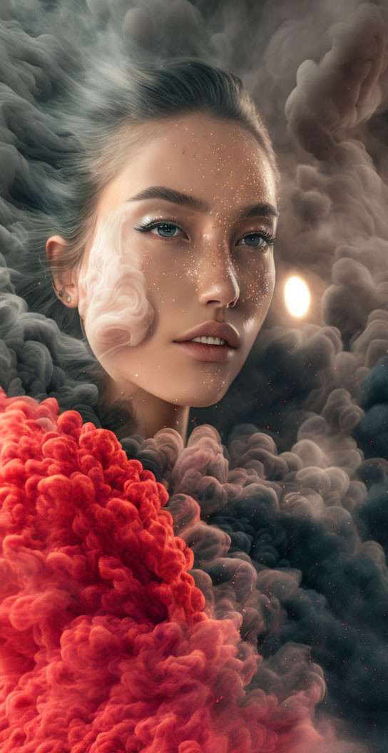 Digital Art: Woman's Face in Swirling Clouds with Red Texture & Glinting Light