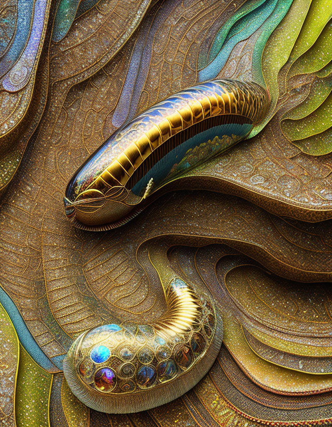 Intricate digital artwork of metallic fish forms in swirling patterns