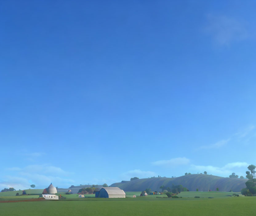 Tranquil rural landscape with yurt, tent, and rolling hills