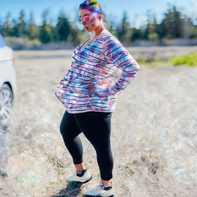 Colorful Printed Top, Black Leggings, and Sneakers: Woman Poses Outdoors with Play