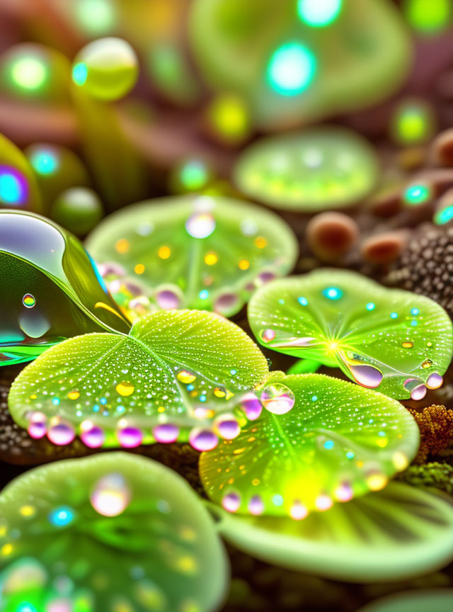 Colorful digital artwork: Clover leaves with dew drops, glowing orbs, and beads in dreamlike setting