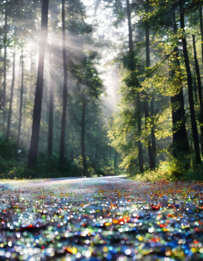 Forest Path Illuminated by Sunlight Through Tall Trees